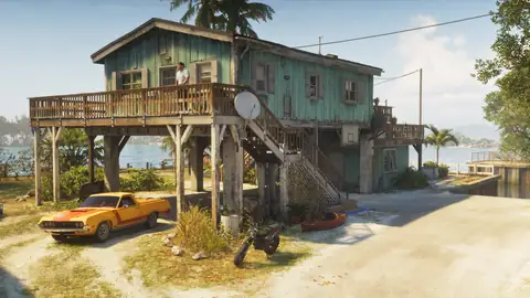 a wooden stilt house by the water with a yellow muscle car outside in an official GTA 6 image