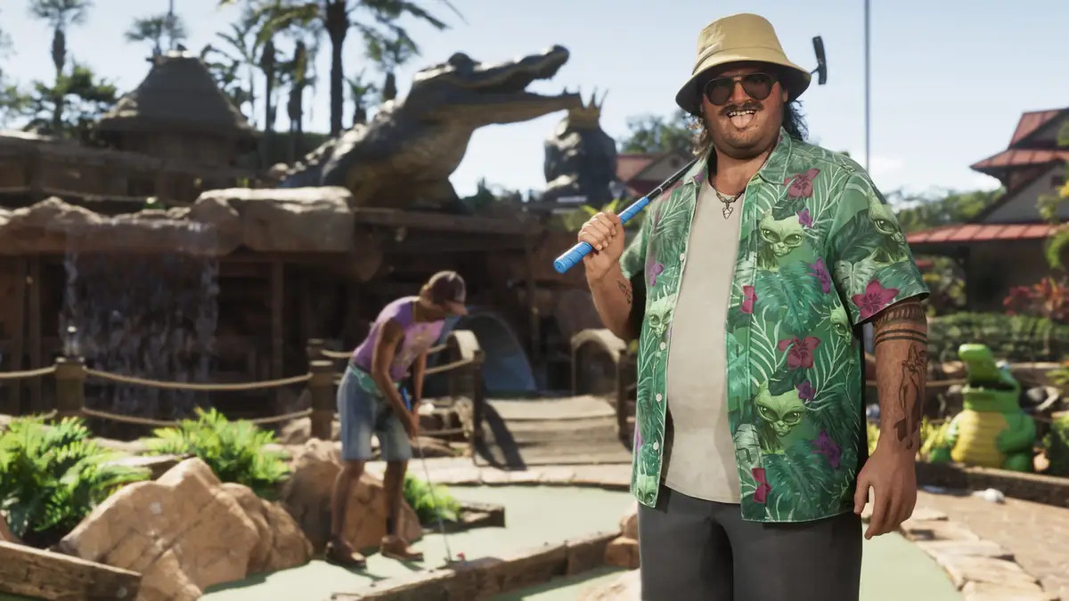 a man in a bucket hat and green floral shirt holding a golf club at a crocodile themed mini golf course in a Rockstar Games screenshot for GTA 6