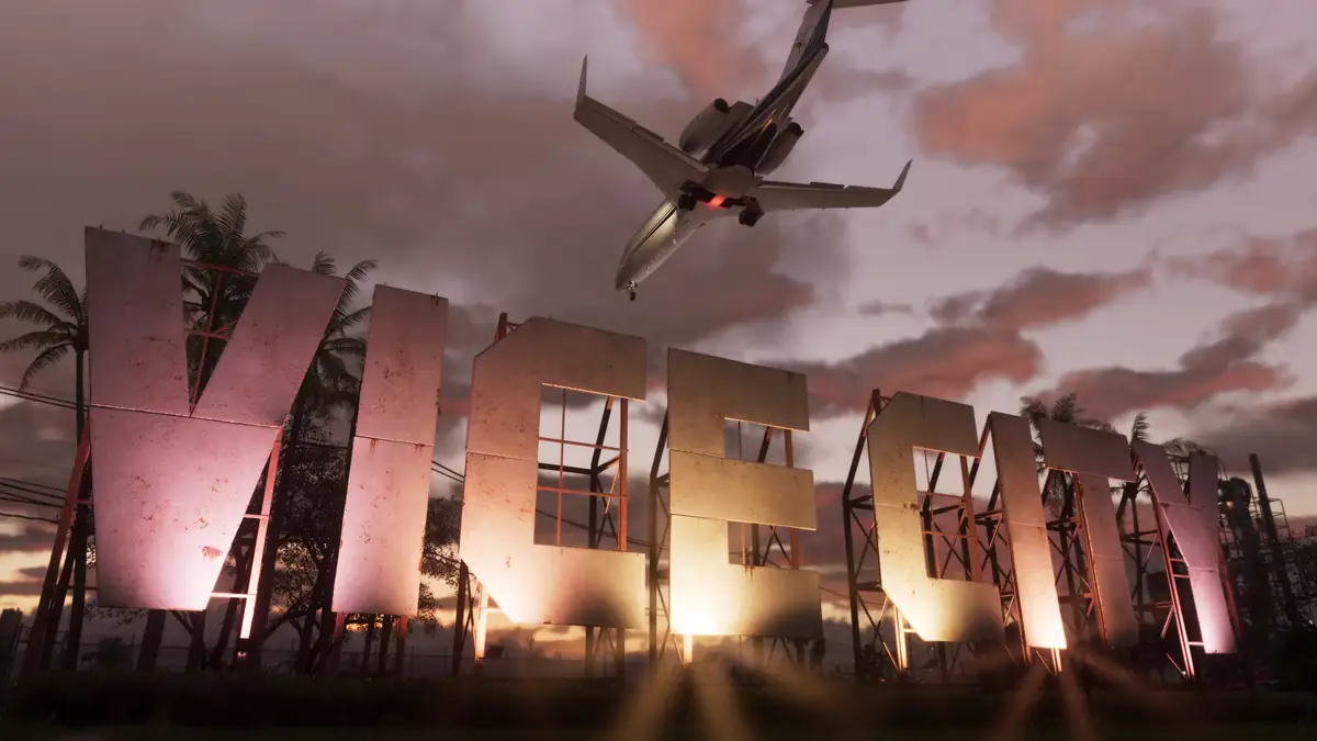 giant Vice City letters on a hillside at sunset with a passenger jet flying low overhead in a Rockstar Games screenshot for GTA 6