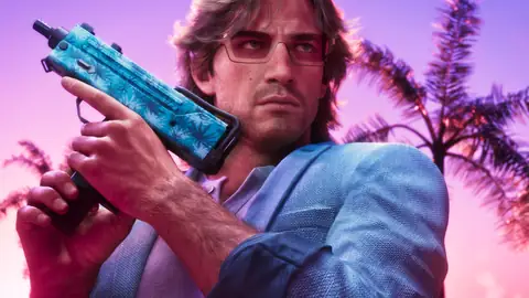 Jason in a blue shirt holding a compact submachine gun under pink sky and palm trees in an official GTA 6 image