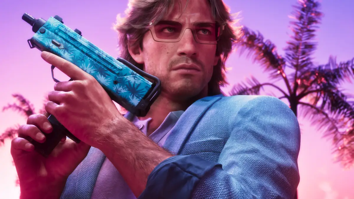 Jason in a blue shirt holding a compact submachine gun under pink sky and palm trees in an official GTA 6 image