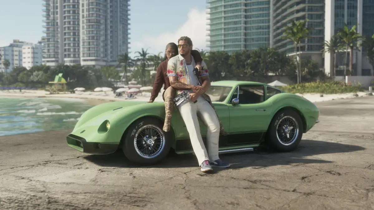 GTA 6 characters Jason and Lucia beside a sports car on a Vice City beach