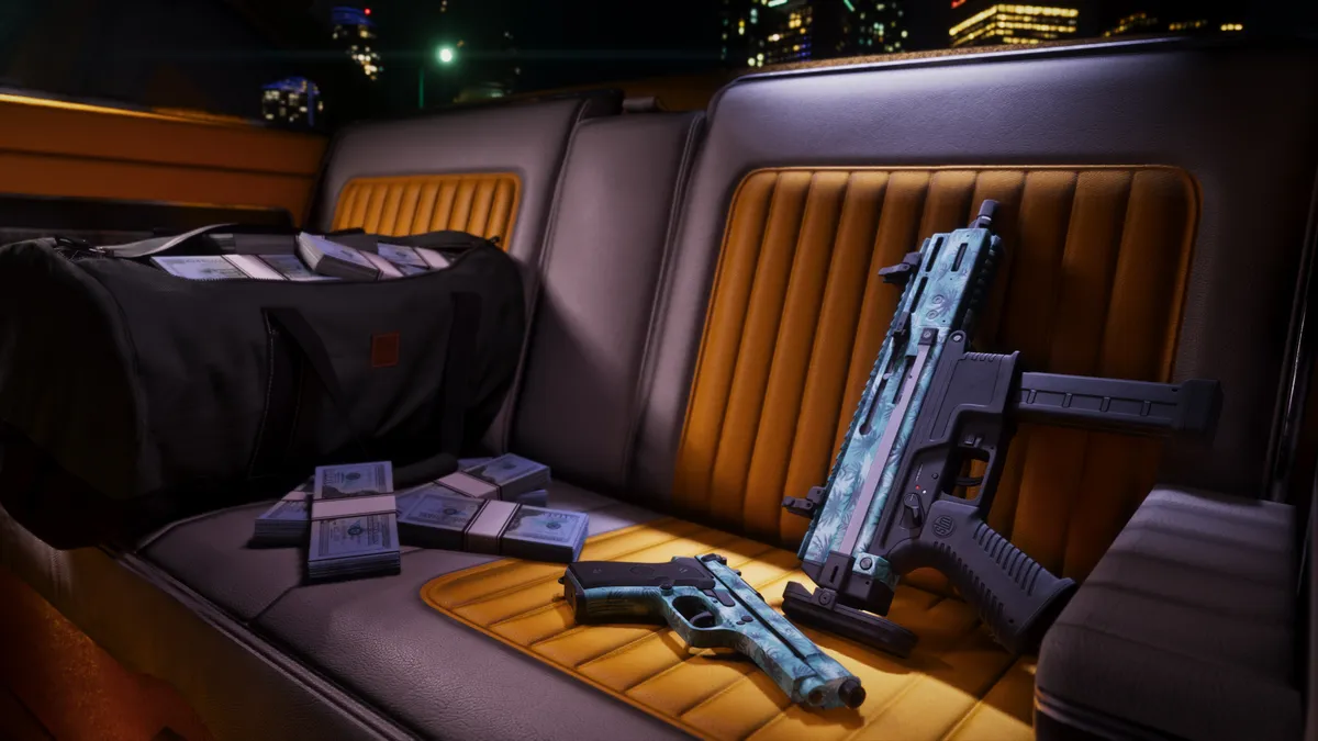 a duffel bag of cash, banknote stacks, a patterned pistol and a submachine gun on the back seat of a car at night in a Rockstar Games image for GTA 6
