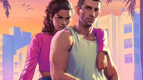Lucia with her arm around Jason in front of Vice City art deco buildings and palm trees in Rockstar Games artwork for GTA 6
