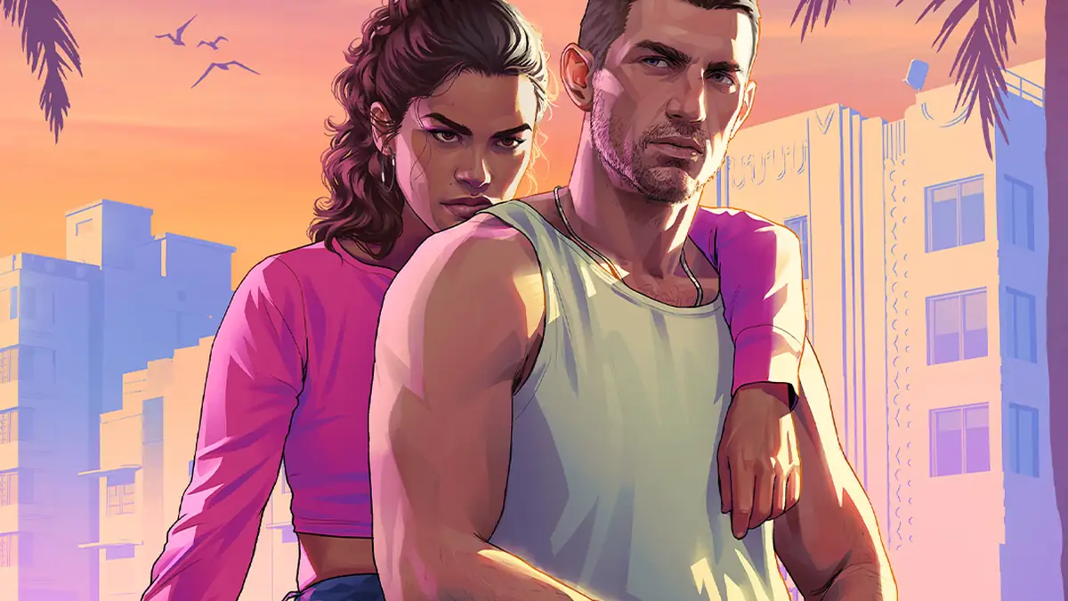 Lucia with her arm around Jason in front of Vice City art deco buildings and palm trees in Rockstar Games artwork for GTA 6