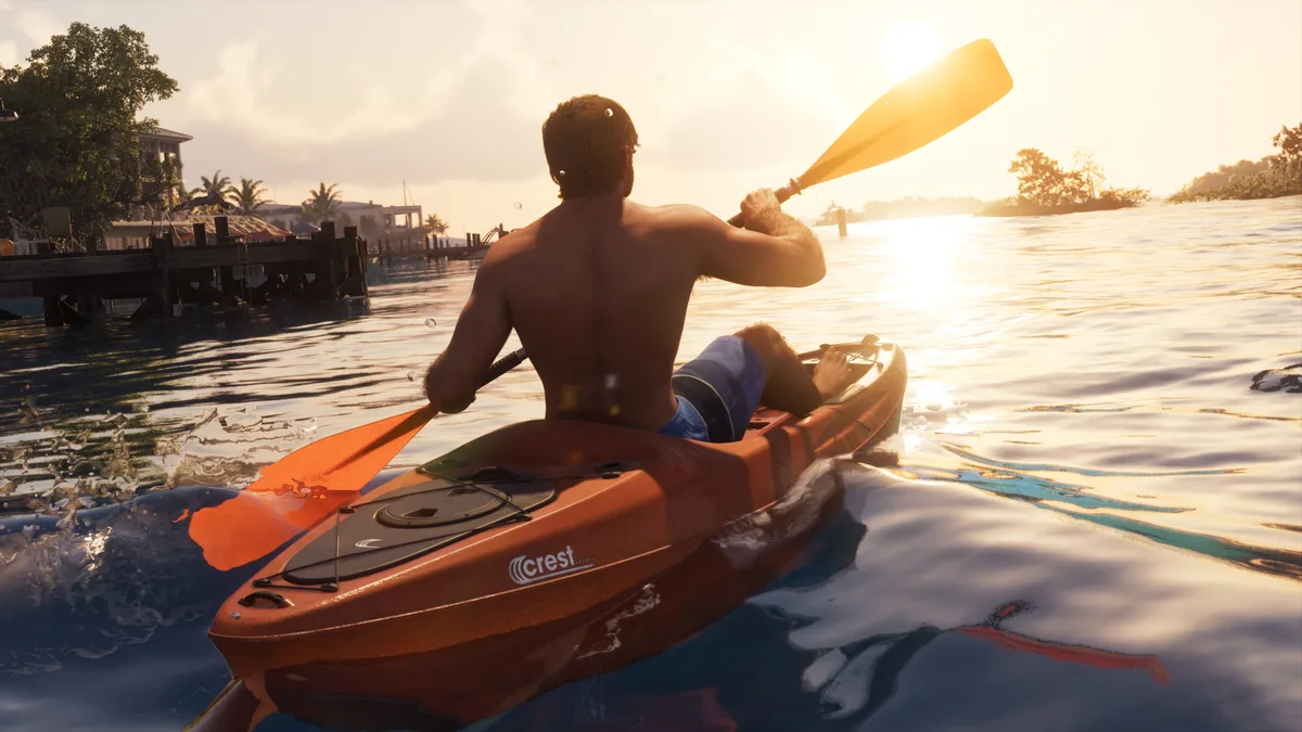 a man paddling an orange kayak across sunlit water near a dock in a Rockstar Games image for GTA 6