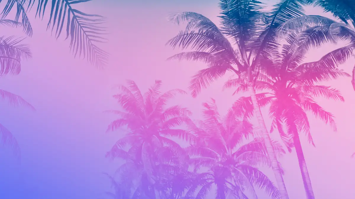 pink and purple palm tree silhouettes against a soft Vice City gradient sky in a Rockstar Games image for GTA 6