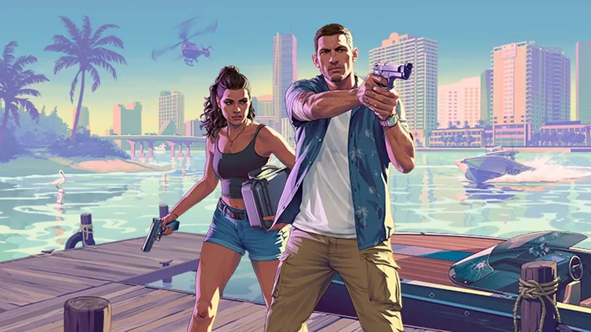 Jason aiming a pistol beside Lucia, who holds a pistol and a metal case, on a Vice City dock in Rockstar Games artwork for GTA 6