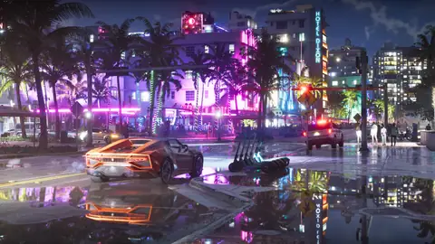 an orange sports car on a wet neon lit Vice City street at night in an official GTA 6 image