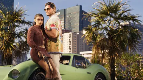 GTA 6 promo image of Jason and Lucia on a green coupe in Vice City