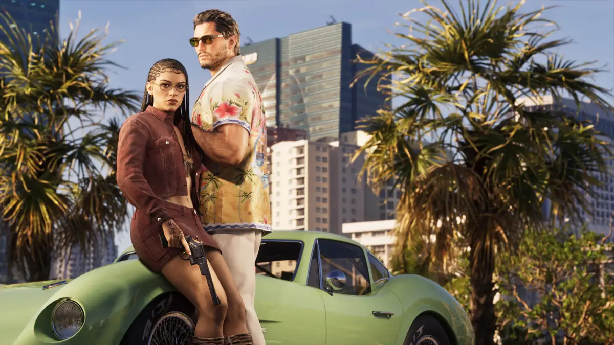 GTA 6 promo image of Jason and Lucia on a green coupe in Vice City