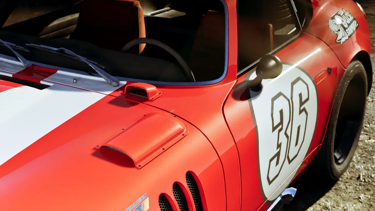 a red and white number 36 classic race car parked in Leonida in an official GTA 6 Ultimate Edition image