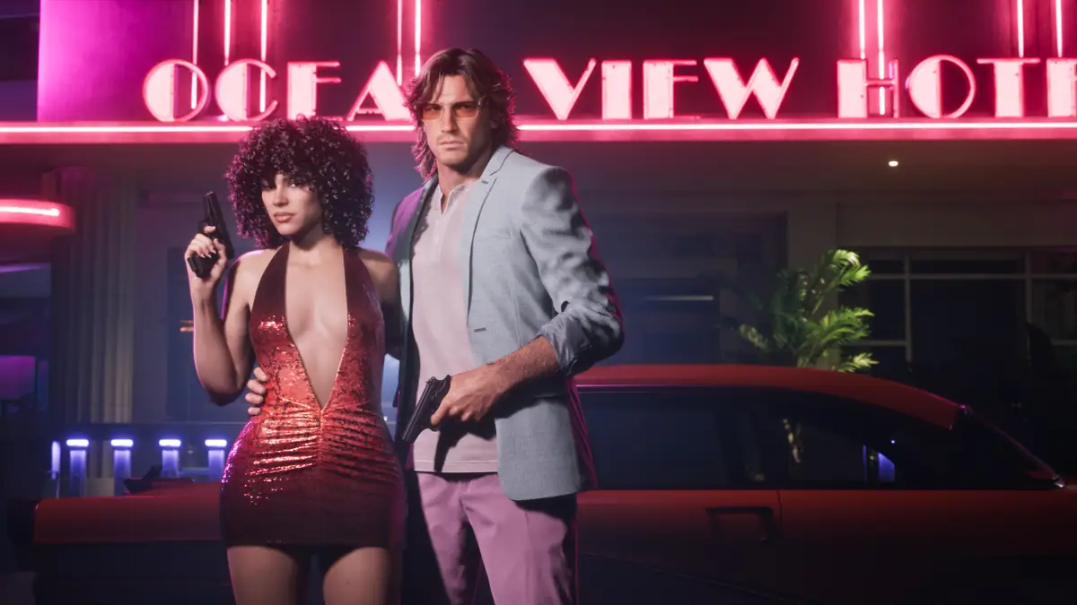 Lucia and Jason dressed up under a pink neon hotel sign in an official GTA 6 image