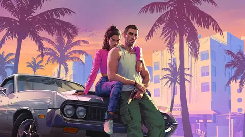 Jason and Lucia posing by a muscle car under palm trees at sunset in an official GTA 6 image
