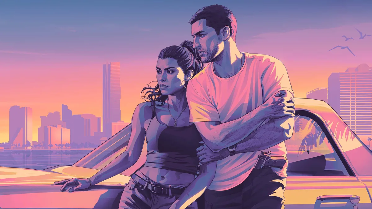 Lucia and Jason leaning on a car in front of a pink sunset skyline in Rockstar Games artwork for the GTA 6 soundtrack album