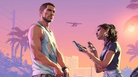 Jason holding a pistol and Lucia loading one beside a red car under pink palm trees in GTA 6 Launch Trailer key art from Rockstar Games
