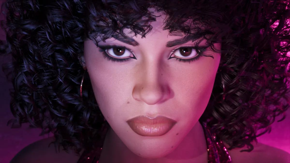 a close view of a woman with dark curly hair under pink light in a Rockstar Games image for GTA 6