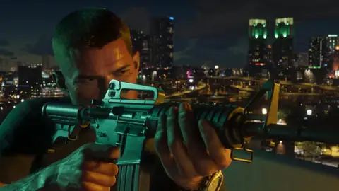 Jason aiming a rifle on a rooftop above the Vice City skyline at night in an official GTA 6 screenshot