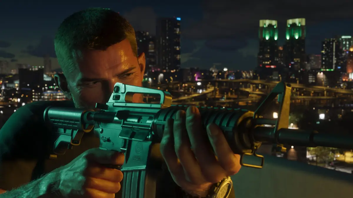 Jason aiming a rifle on a rooftop above the Vice City skyline at night in an official GTA 6 screenshot