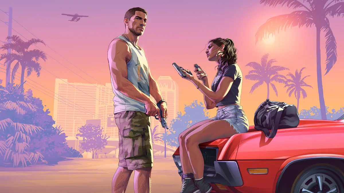 Jason holding a pistol beside Lucia sitting on a red car under palm trees at sunset in the GTA 6 Launch Trailer artwork
