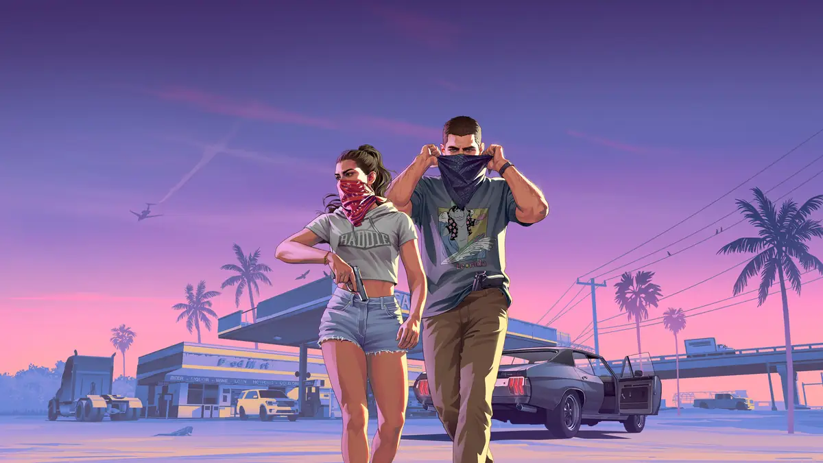 GTA 6 Lucia in a bandana with Jason at sunset in Rockstar promo art