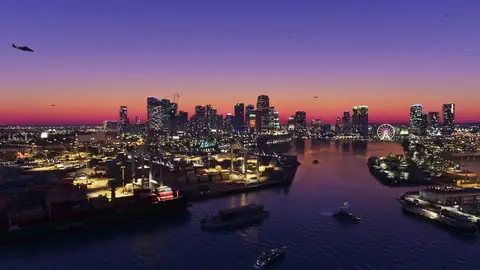 GTA 6 map area of Vice City at night with the downtown skyline