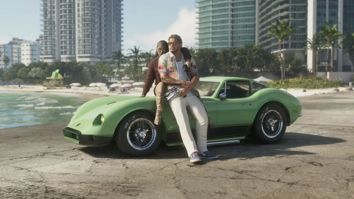 Jason and Lucia leaning on a green sports car on a Vice City beach with beachfront towers, palms and umbrellas behind in a Rockstar Games image for GTA 6