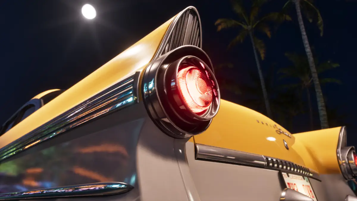 the red tail light of a yellow Vapid Stanier at midnight under a full moon and palm trees in an official GTA 6 image