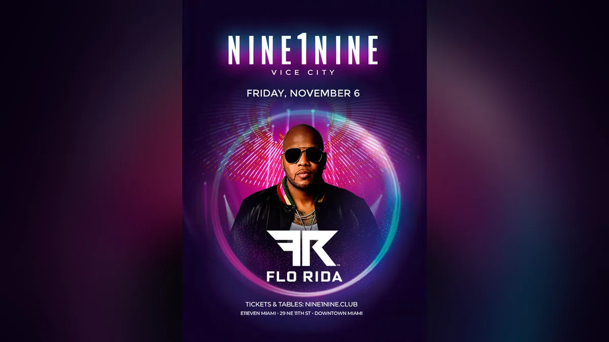 E11EVEN Miami event poster for NINE1NINE Vice City on Friday 6 November with Flo Rida in sunglasses under purple club lights, promoting a GTA 6 themed night