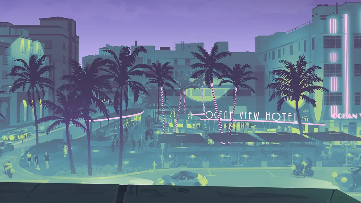 art deco hotels and palm trees on a Vice City street at night in official GTA 6 artwork