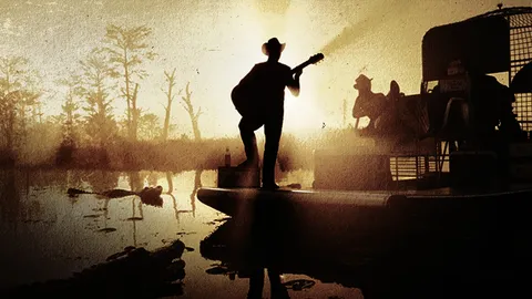 A cowboy plays guitar on an airboat in a misty swamp at sunset as alligators wait in the water, in Rockstar Games artwork for GTA 6
