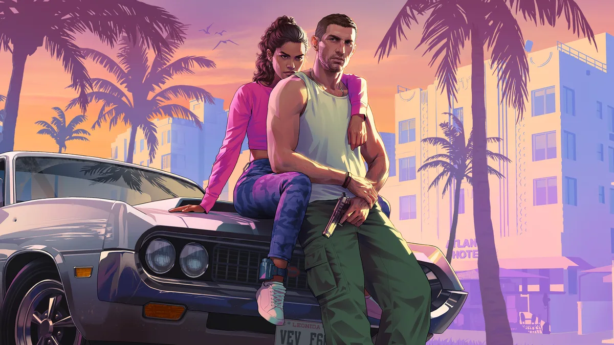 Jason and Lucia sitting on a silver car outside a pink Vice City hotel under palm trees in Rockstar Games artwork for GTA 6