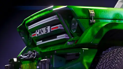 the green front grille of a Canis off road truck with a winch and WARNING lettering on its bumper in a Rockstar Games image for GTA 6