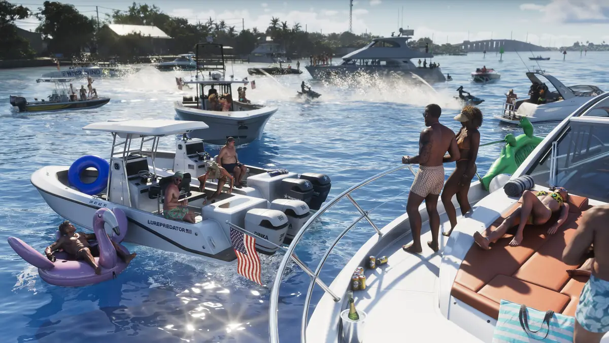 people relaxing on boats and an inflatable flamingo in clear water off the Leonida Keys in a Rockstar Games screenshot for GTA 6