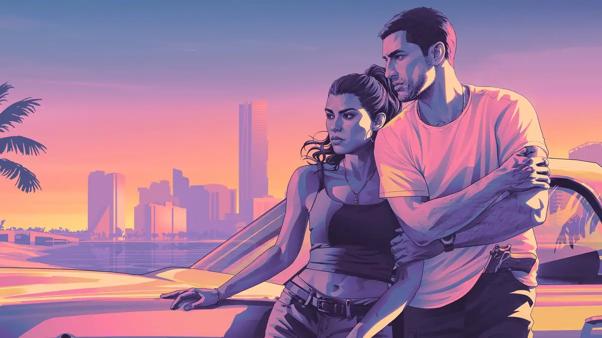 GTA 6 music artwork of Jason and Lucia with the Vice City skyline