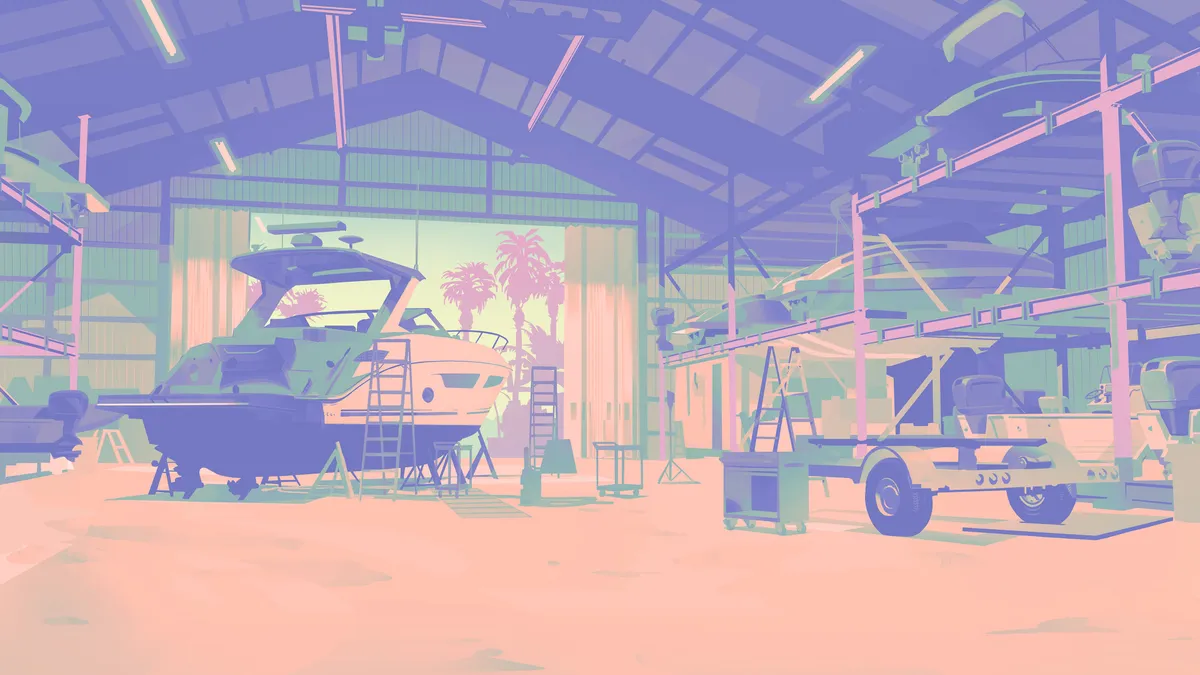 a cabin cruiser on stands inside a boat shed with palm trees through the open doors in Rockstar Games artwork for GTA 6