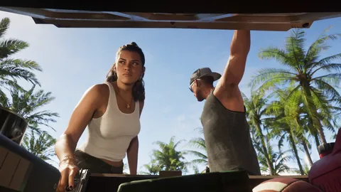 Lucia and Jason at the open boot of a car under palm trees in an official GTA 6 screenshot
