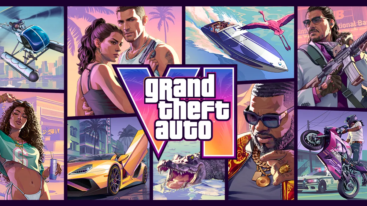 GTA 6 key art collage of Lucia, Jason and Vice City characters around the Grand Theft Auto VI logo, from Rockstar Games