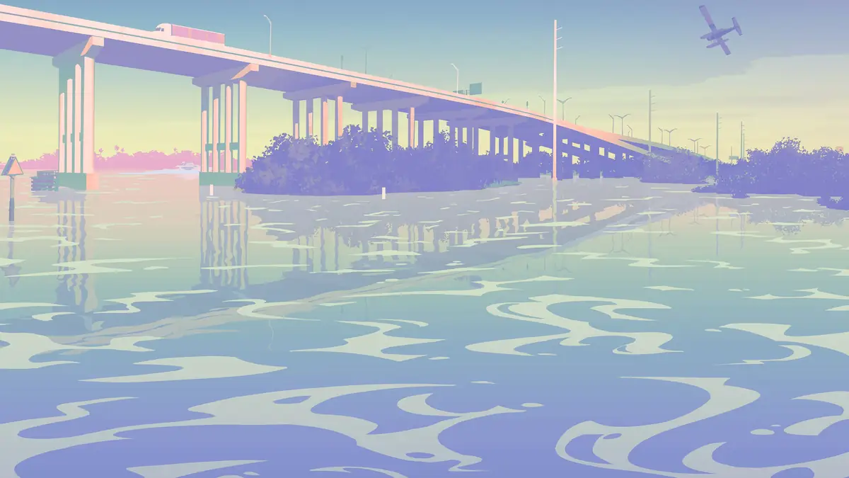 a long bridge over calm water toward a palm lined shore in a Rockstar Games image for GTA 6