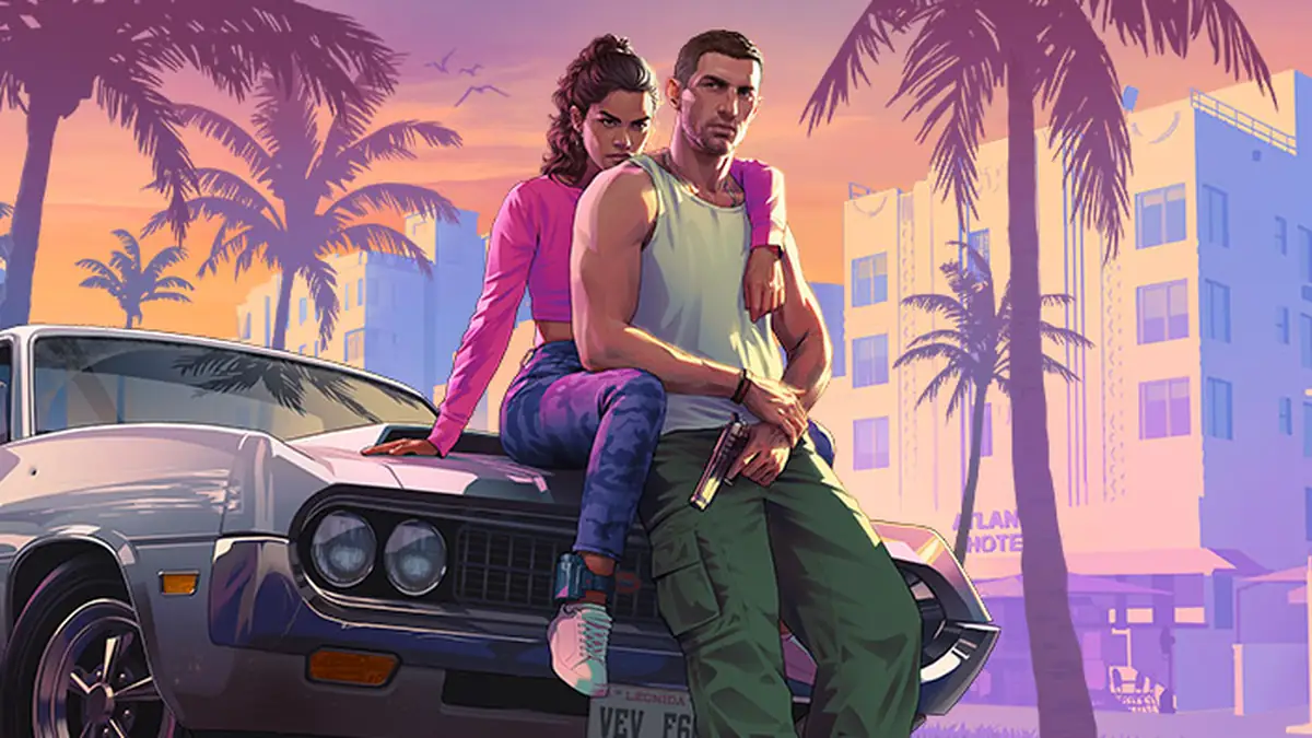 Jason and Lucia sitting on a classic car under palm trees in a Rockstar Games image for GTA 6
