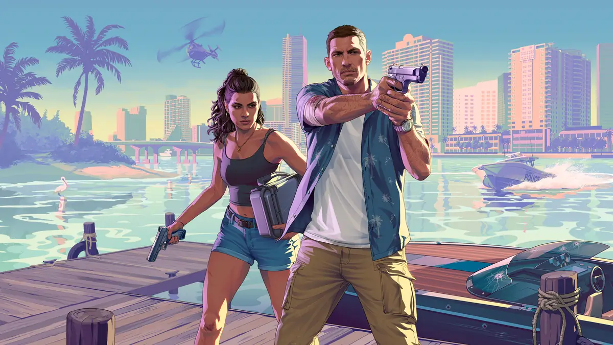 Jason holding a pistol beside Lucia on a Vice City dock in Rockstar GTA 6 artwork