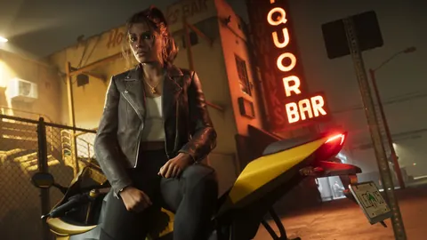 Lucia in a leather jacket sits on a yellow motorbike under a red neon liquor bar sign at night in a Rockstar Games screenshot for GTA 6
