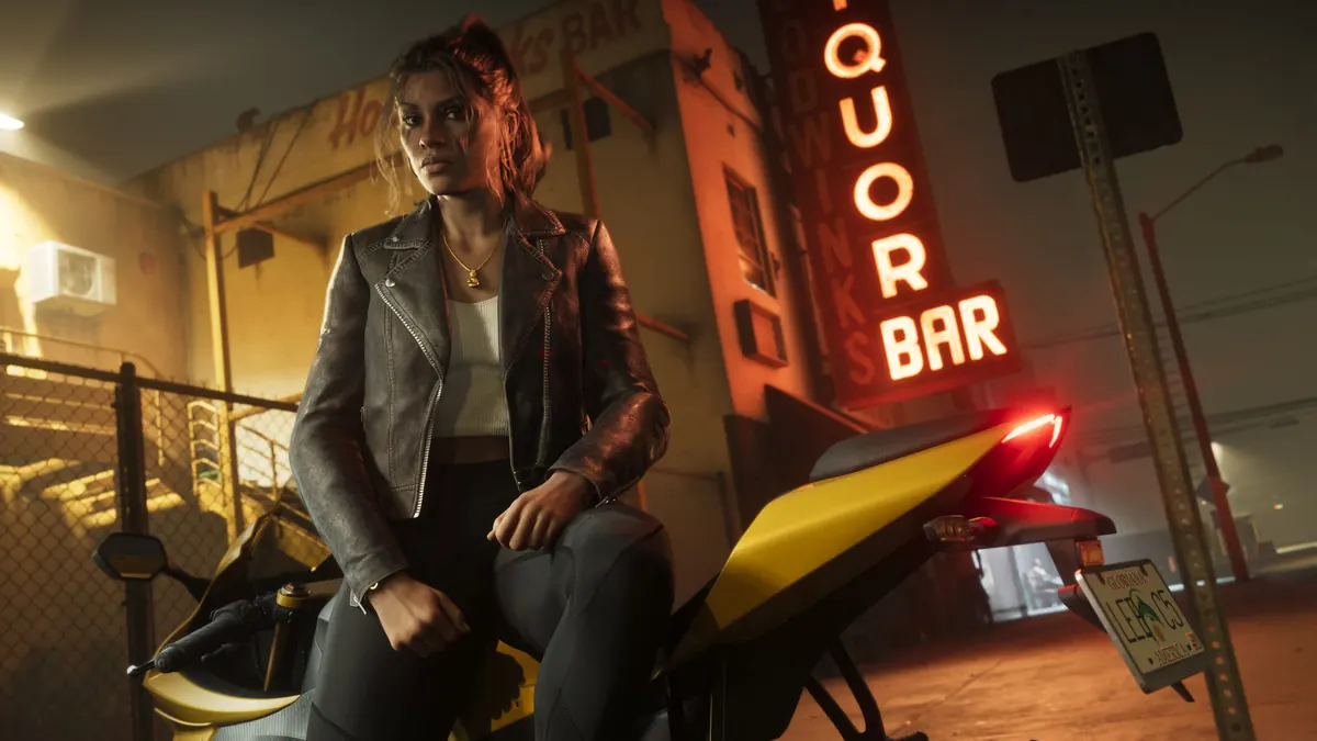 Lucia in a leather jacket sits on a yellow motorbike under a red neon liquor bar sign at night in a Rockstar Games screenshot for GTA 6