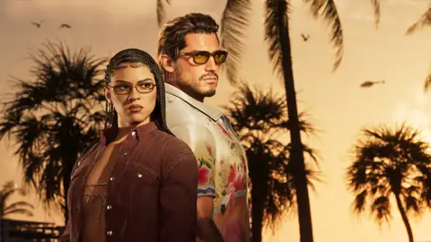 GTA 6 Ultimate Edition promo image of Lucia and Jason under palm trees