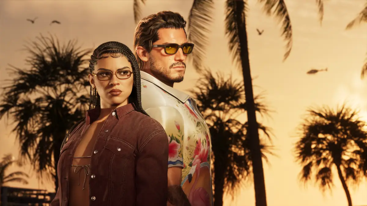 GTA 6 Ultimate Edition promo image of Lucia and Jason under palm trees