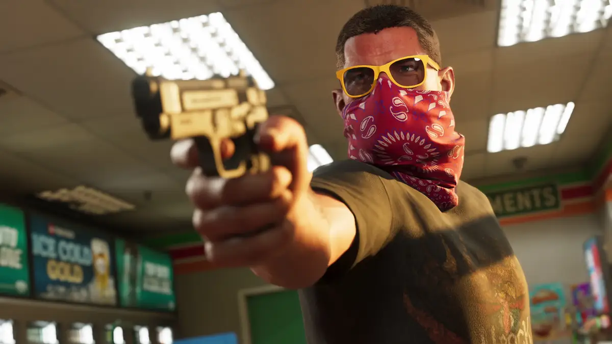 a masked man in yellow sunglasses pointing a gold pistol inside a convenience store in an official GTA 6 screenshot