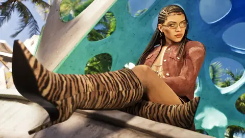 a woman in tiger print boots against a colourful Vice City wall in an official GTA 6 image