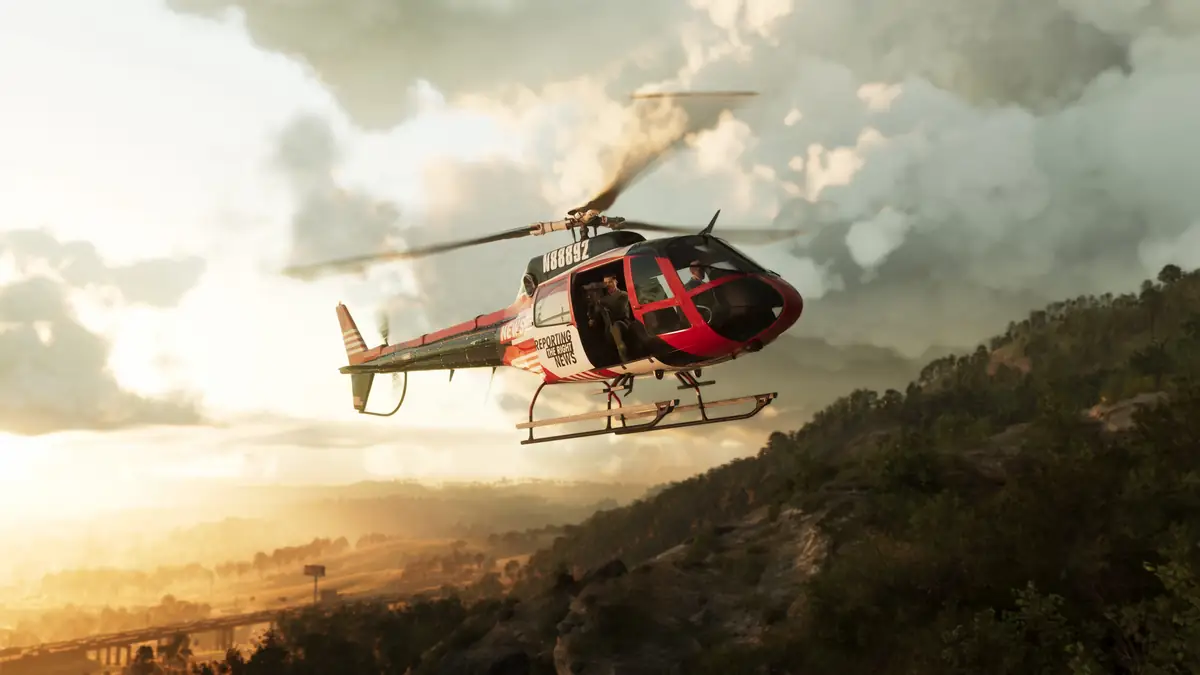 a red and white news helicopter reading Reporting the Right News flying over a wooded hill at sunset in a Rockstar Games image for GTA 6
