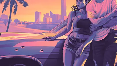 Lucia and Jason leaning on a bullet marked muscle car on a beach at sunset in official GTA 6 The Album artwork