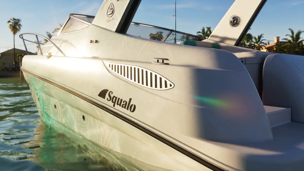 a white Squalo speedboat moored by palm trees in Vice City in a Rockstar Games image for GTA 6